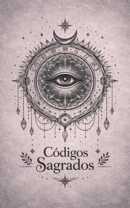 Portada del ebook Códigos Sagrados con un ojo celestial y símbolos sagrados